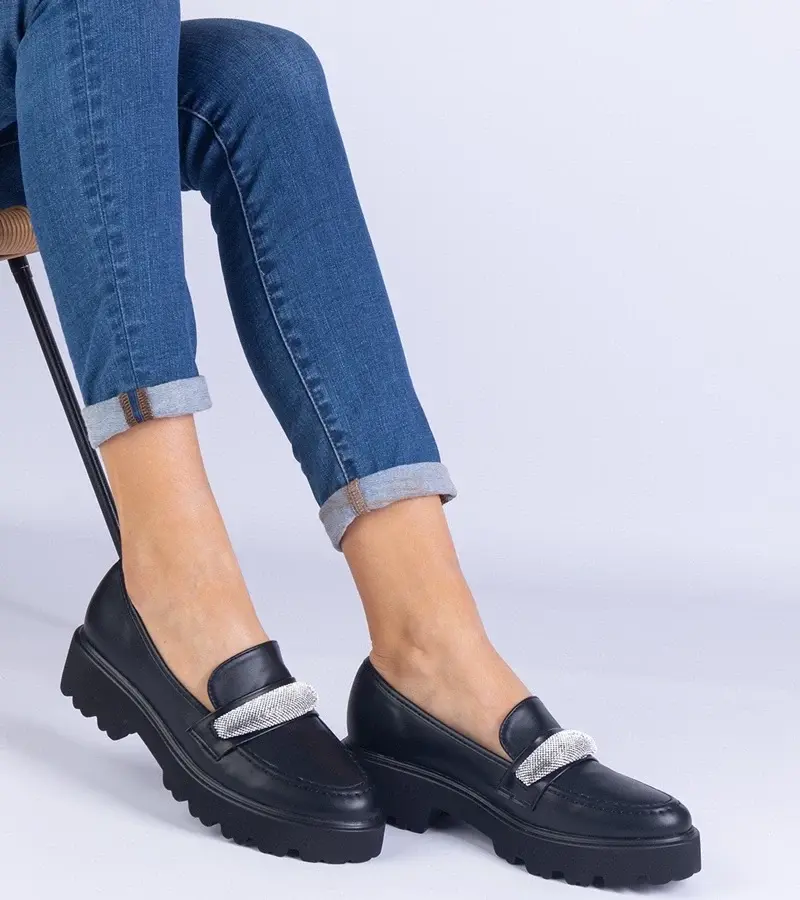 marka niezdefiniowana Black women's loafers decorated with rhinestones Talentino