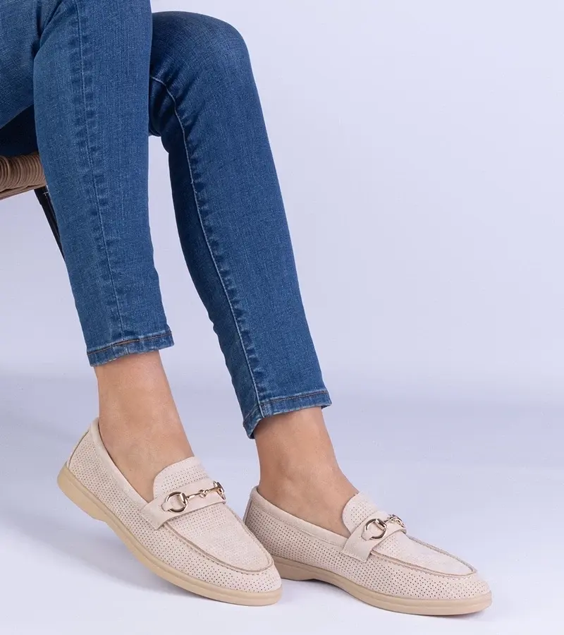 marka niezdefiniowana Beige eco-suede loafers with perforation and gold embellishment Marusso