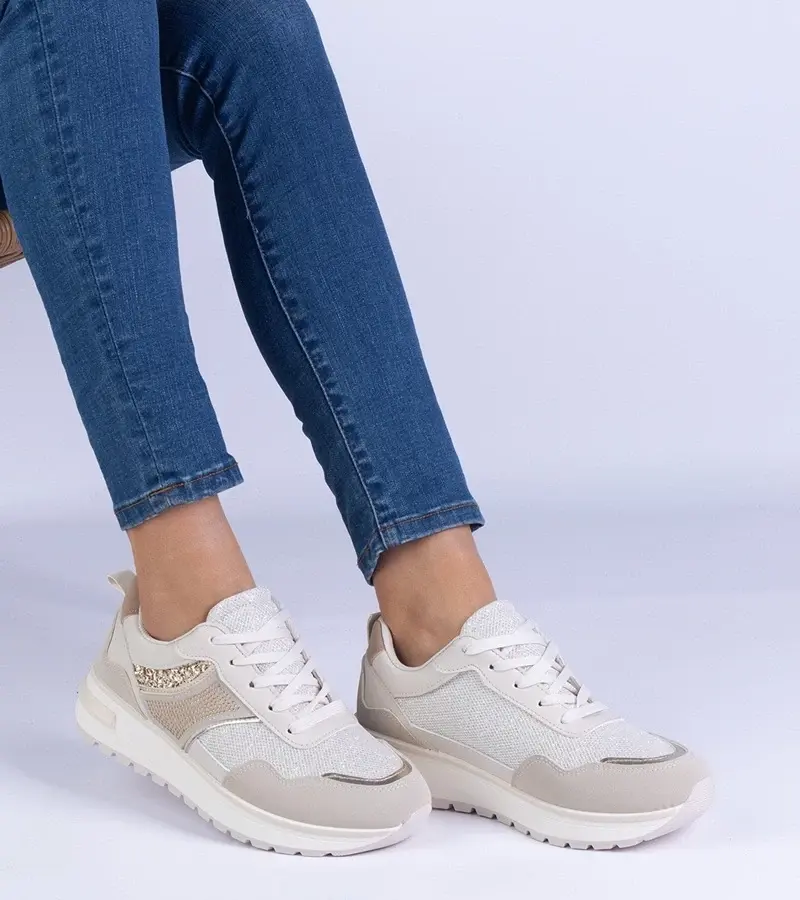 marka niezdefiniowana Beige sneakers decorated with brocade and rhinestones Savina