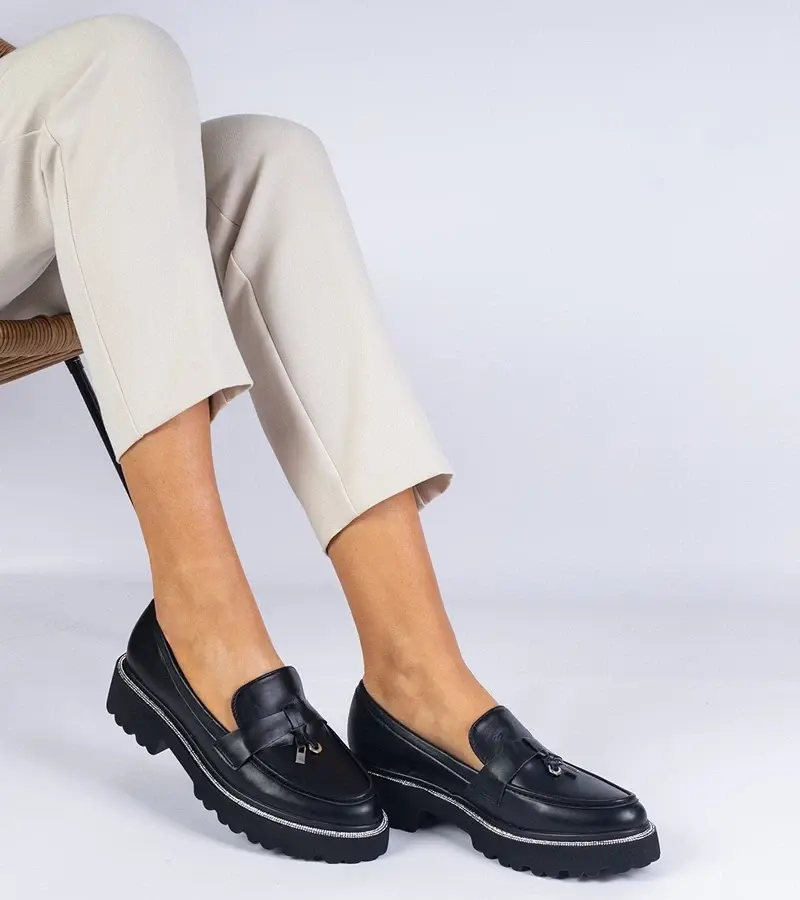 marka niezdefiniowana Black women's loafers with a thick sole made of leather, decorated with rhinestones Linsol