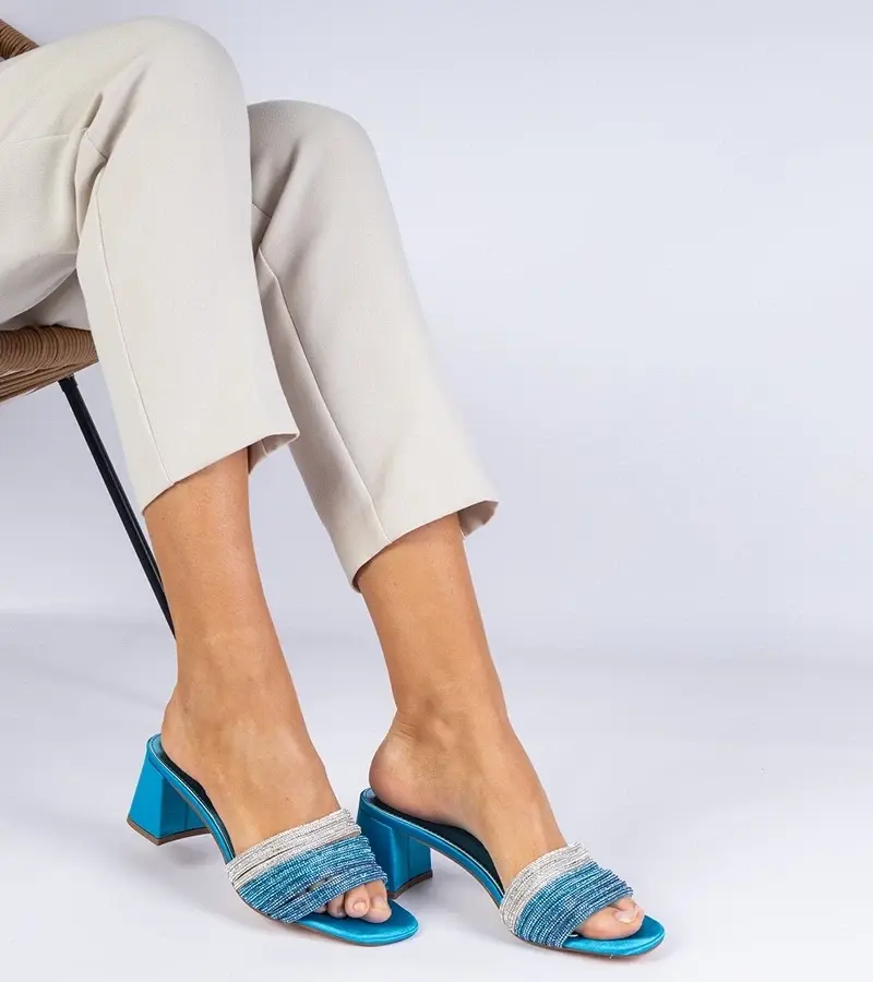 marka niezdefiniowana Blue elegant mules with a heel and rhinestones Maritto