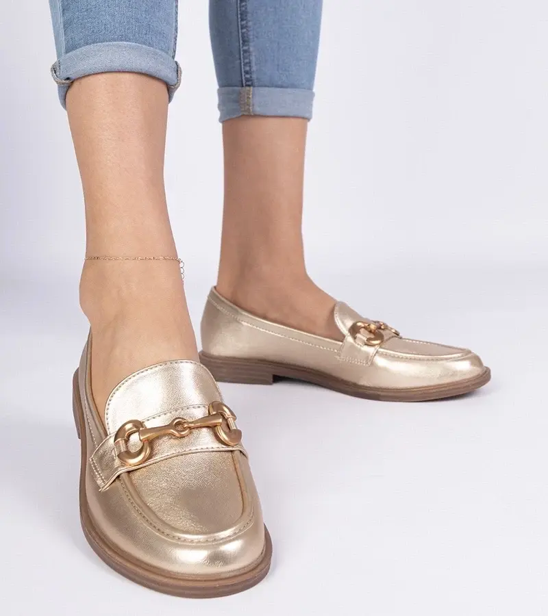 marka niezdefiniowana Gold women's loafers with a golden decoration Selanos