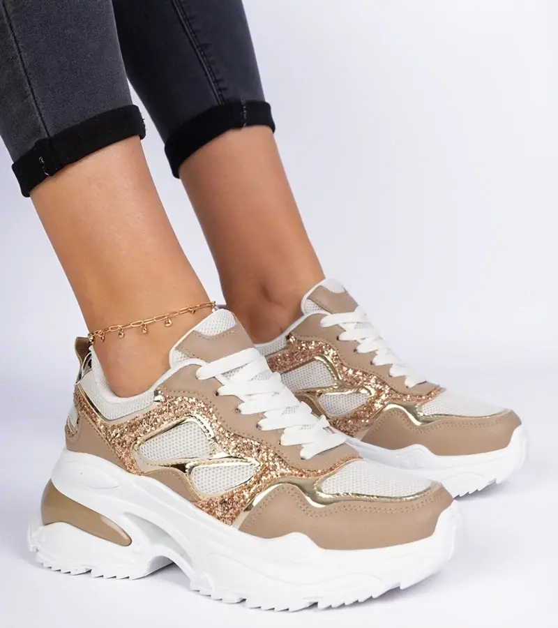 marka niezdefiniowana Brown women's sneakers decorated with glitter Sandoria