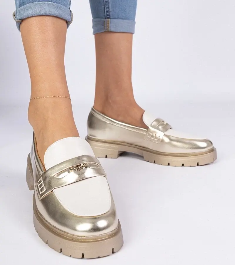 marka niezdefiniowana Gold women's loafers with a white insert Sugetti
