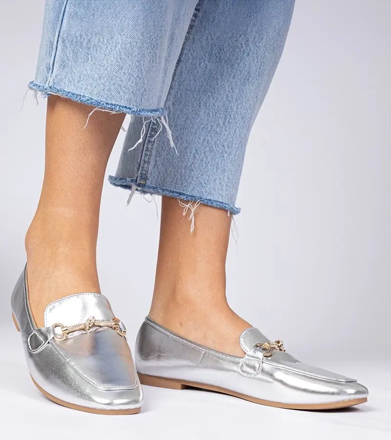 marka niezdefiniowana Silver elegant moccasins with gold decoration and rhinestones Kalisa