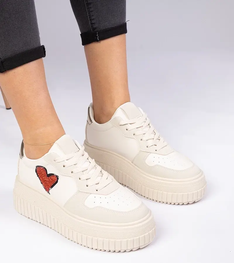 marka niezdefiniowana Beige women's sneakers with glittery heart Laira