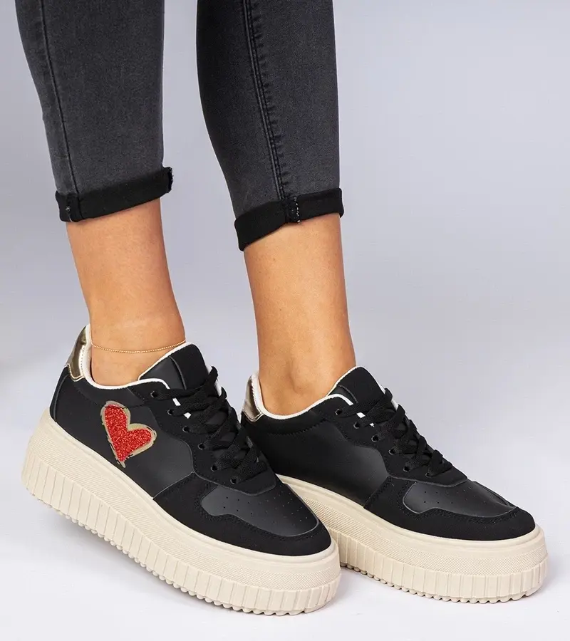 marka niezdefiniowana Black women's sneakers with glittery heart Laira