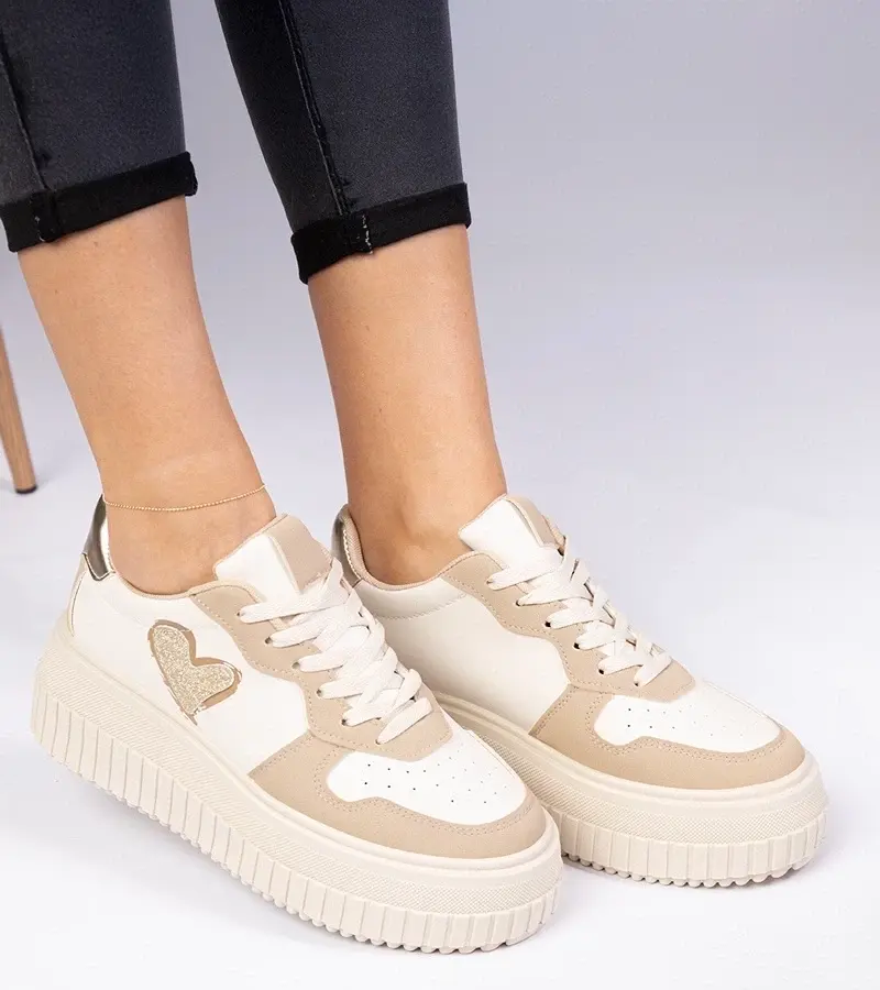 marka niezdefiniowana Brown women's sneakers with glittery heart Laira