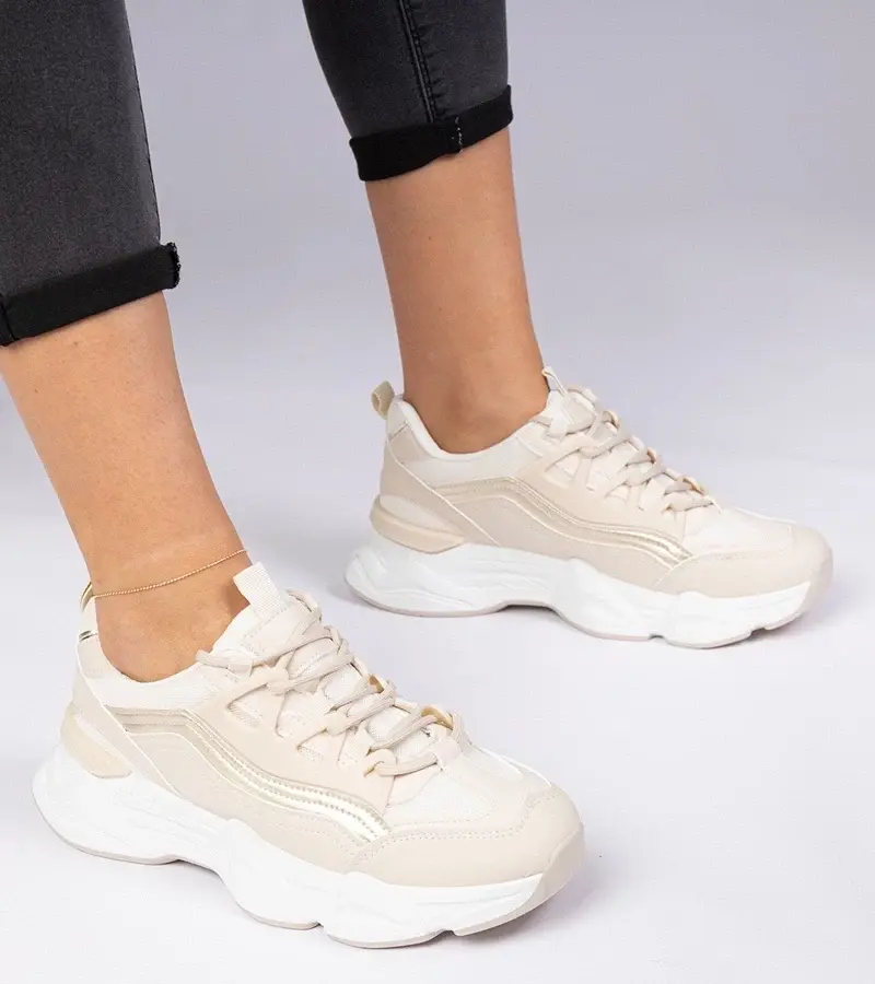 marka niezdefiniowana Beige women's sneakers with gold accents Kella