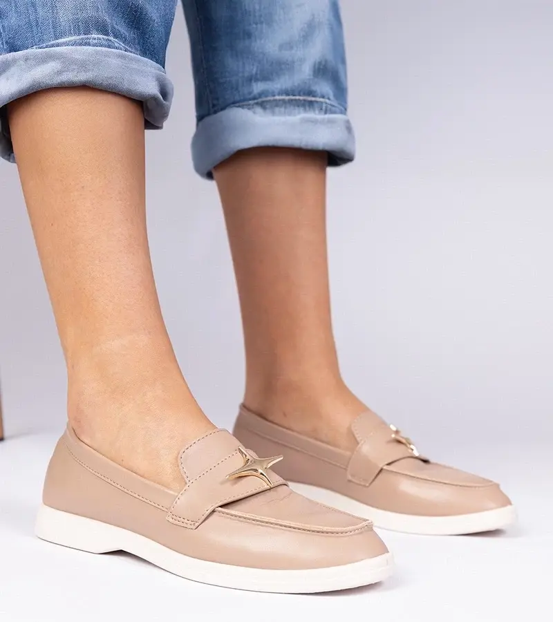 marka niezdefiniowana Dark beige women's moccasins with gold decoration Senna