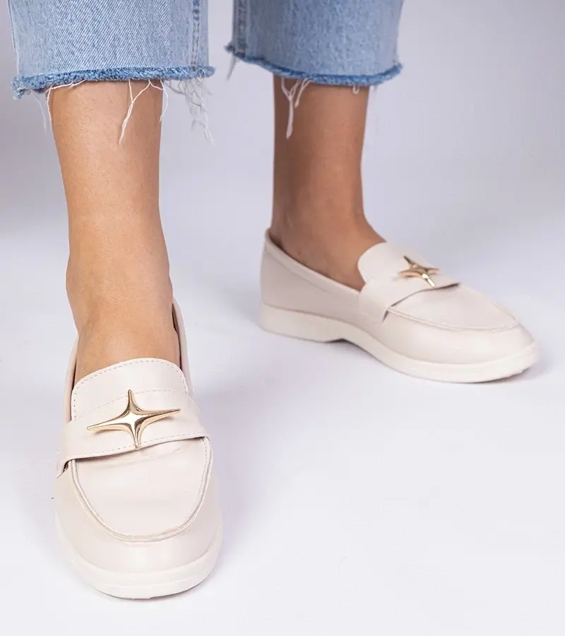marka niezdefiniowana Beige women's moccasins with gold decoration Senna