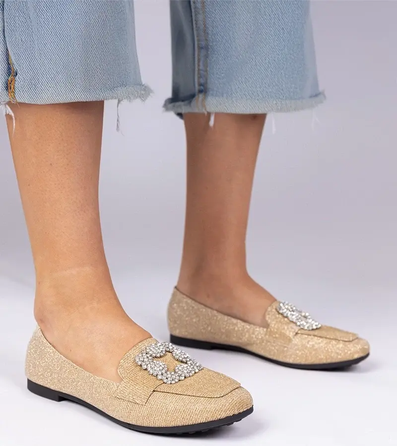 marka niezdefiniowana Gold glitter moccasins with rhinestones Sawelia