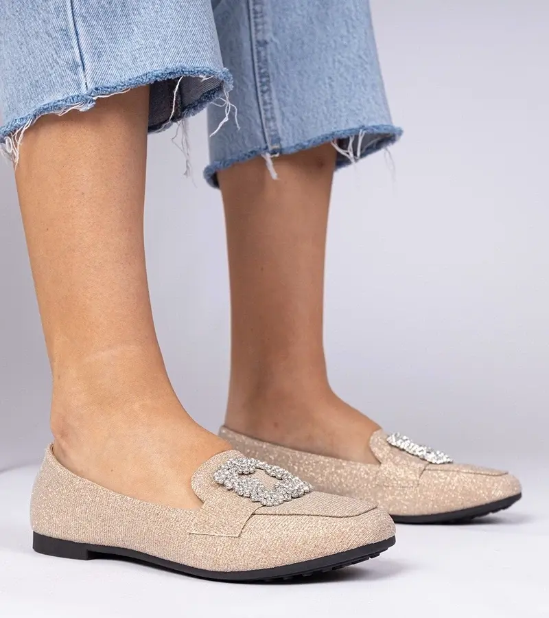 marka niezdefiniowana Champagne glitter moccasins with rhinestones Sawelia