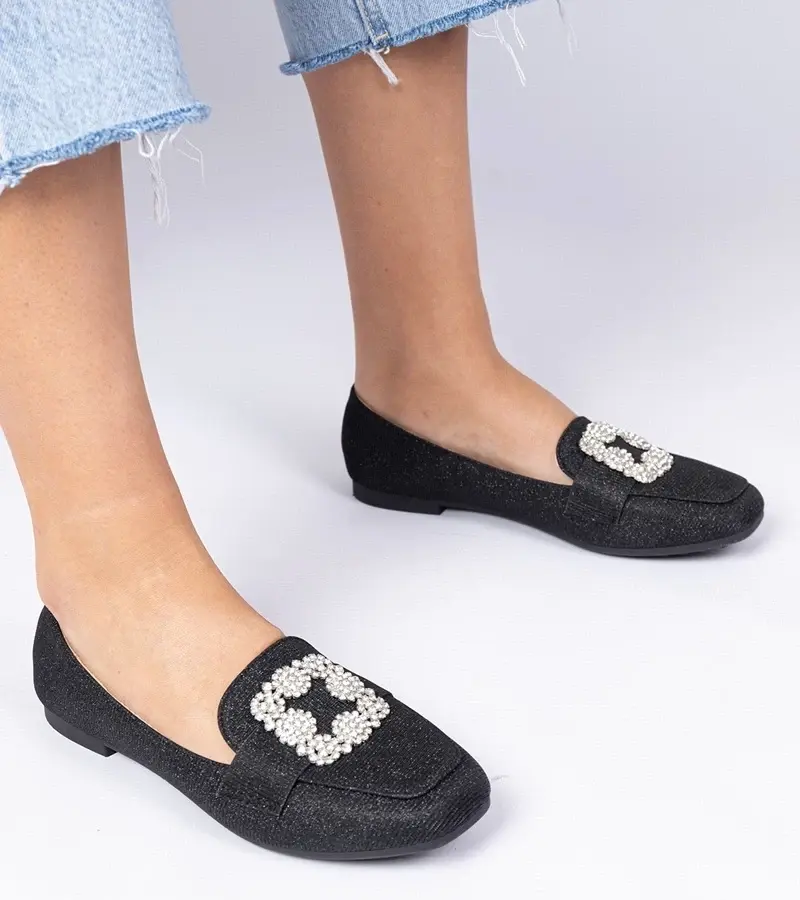 marka niezdefiniowana Black glitter moccasins with rhinestones Sawelia