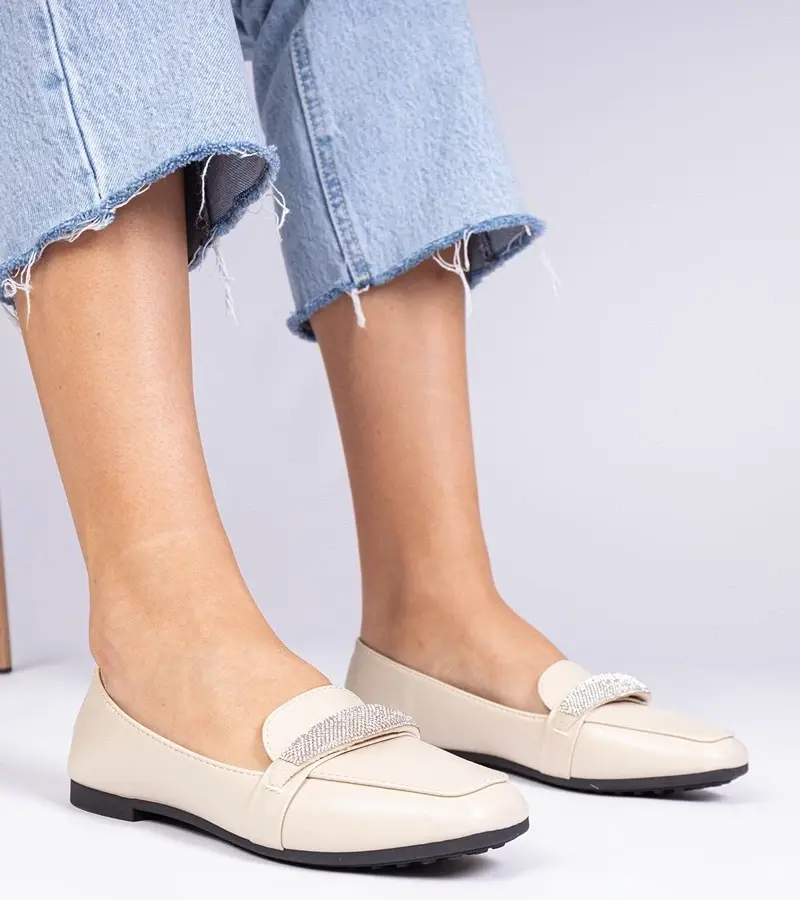 marka niezdefiniowana Beige women's moccasins with rhinestones Kaletta