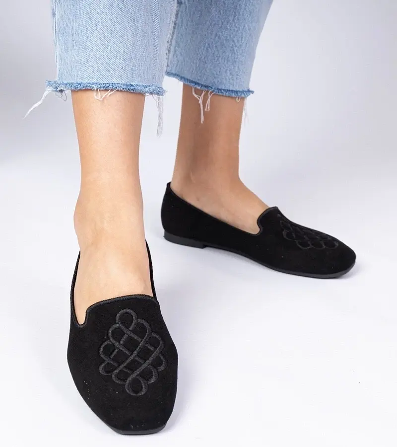 marka niezdefiniowana Black women's faux-suede ballet flats with embroidery Ronna