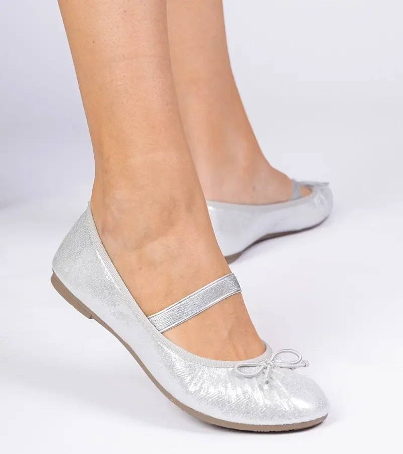 marka niezdefiniowana Silver women's ballet flats with bow on elastic Lerona