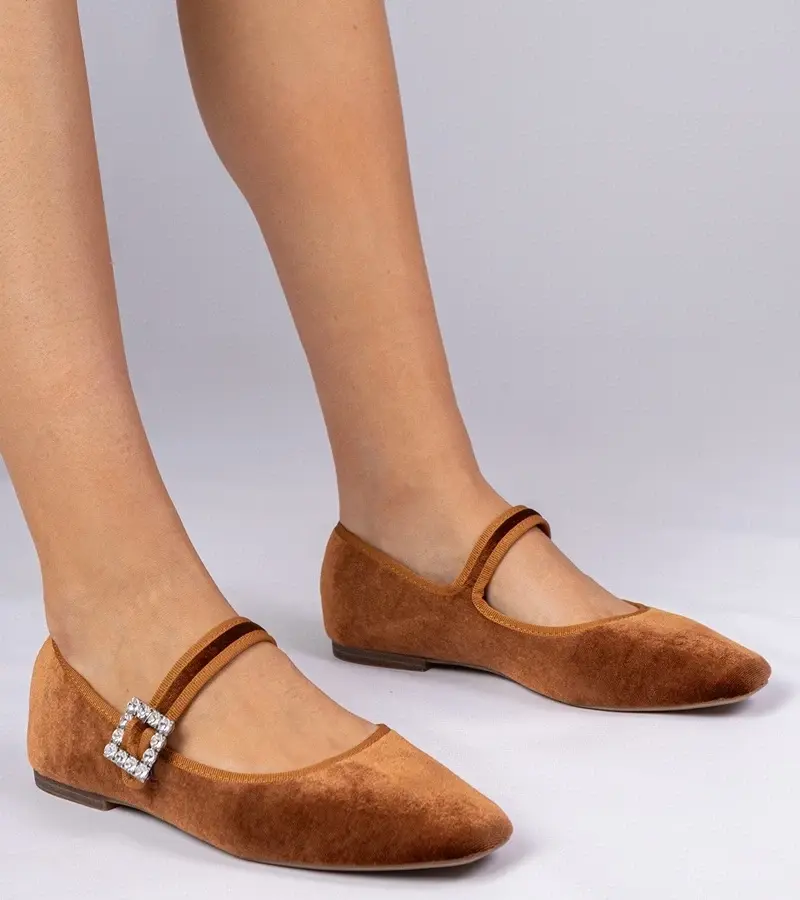 marka niezdefiniowana Brown velvet women's ballet flats with buckle Kvitta