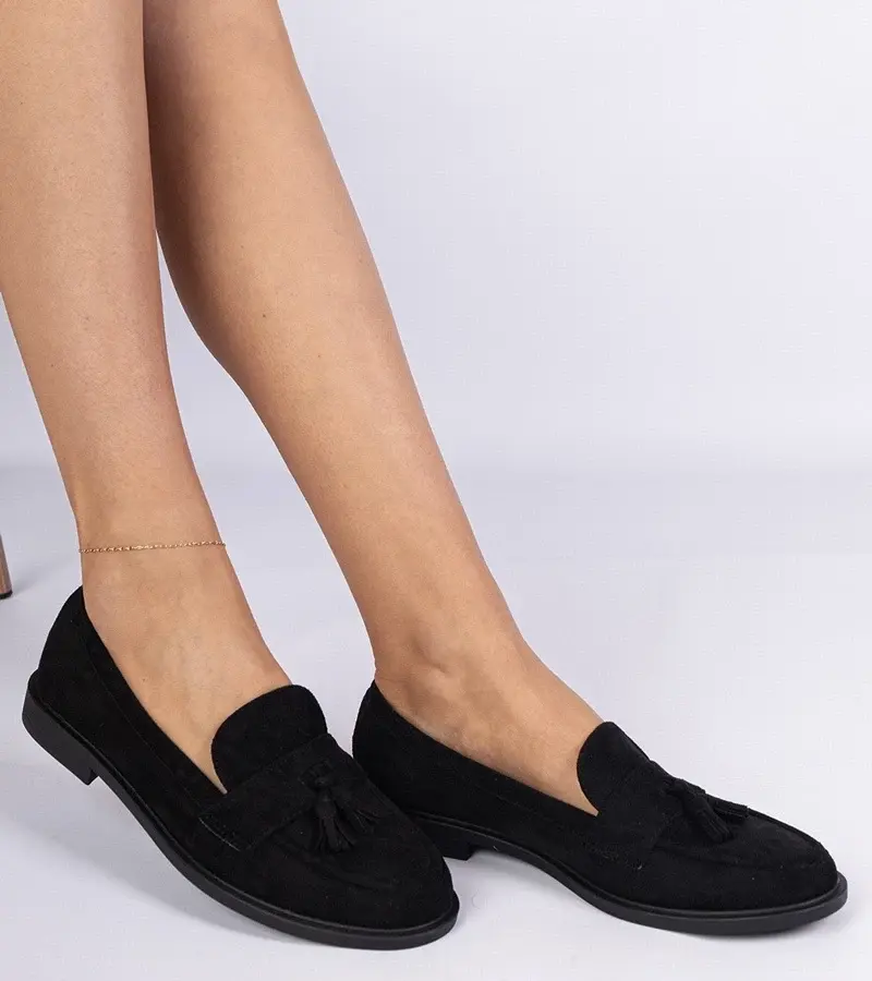 marka niezdefiniowana Black loafers made of eco-suede with fringes Marimel