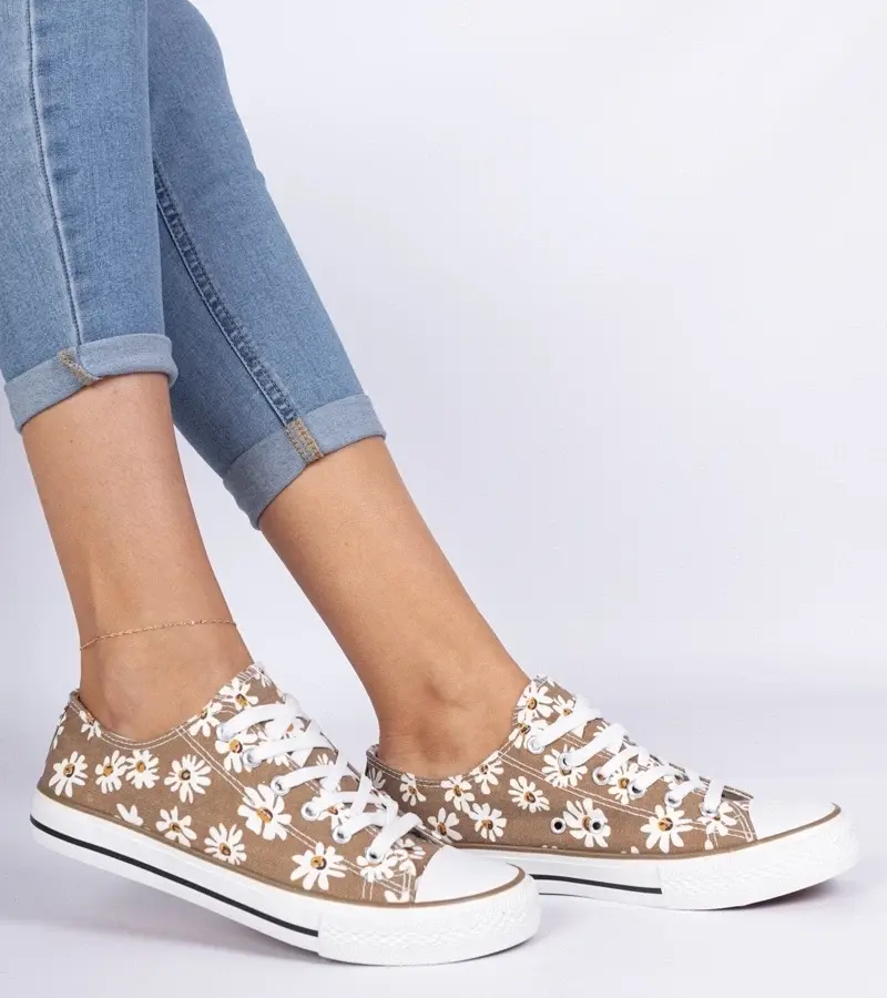 marka niezdefiniowana Brown women's canvas sneakers with flowers Lazates