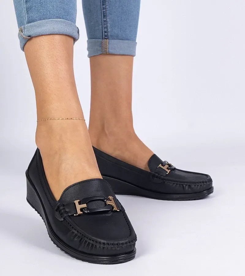 marka niezdefiniowana Black women's loafers with a wedge made of eco-leather Kappi
