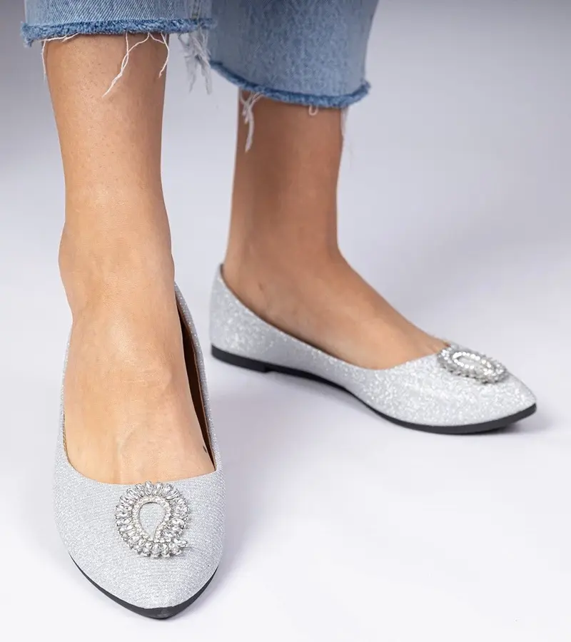 marka niezdefiniowana Silver glitter ballet flats with rhinestones Ellada
