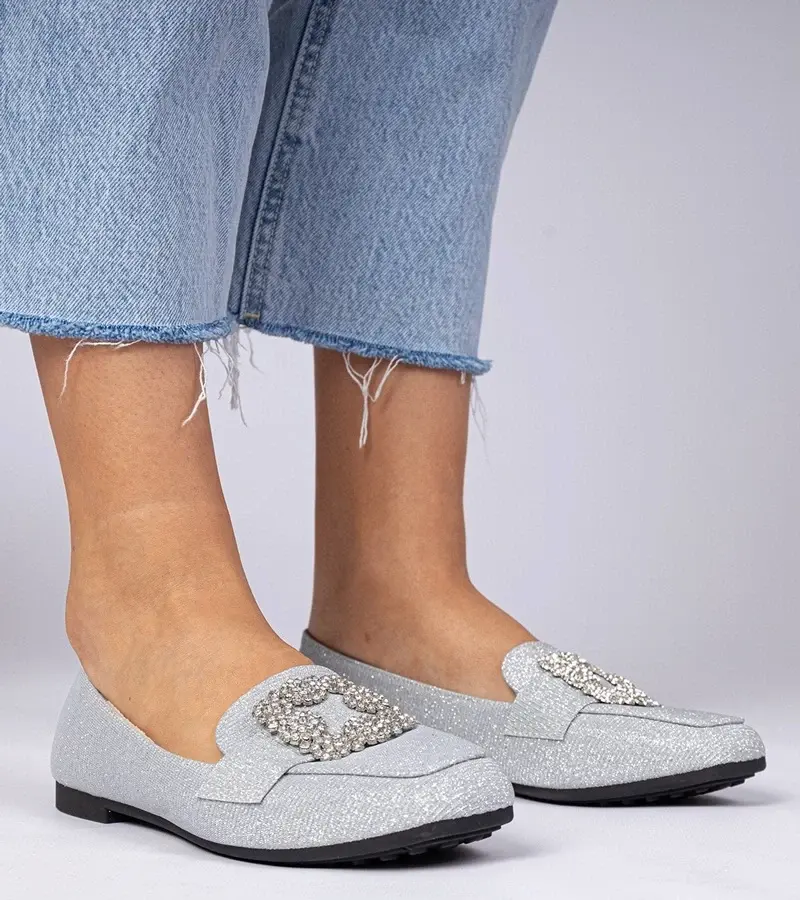 marka niezdefiniowana Silver glitter moccasins with rhinestones Sawelia