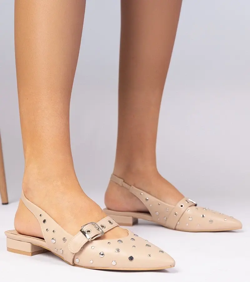 marka niezdefiniowana Beige women's pumps with a flat heel and an open heel Salineo