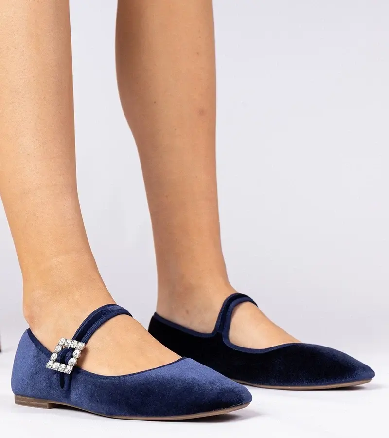 marka niezdefiniowana Navy velvet women's ballet flats with buckle Kvitta
