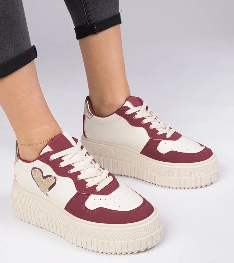 marka niezdefiniowana Burgundy women's sneakers with glittery heart Laira