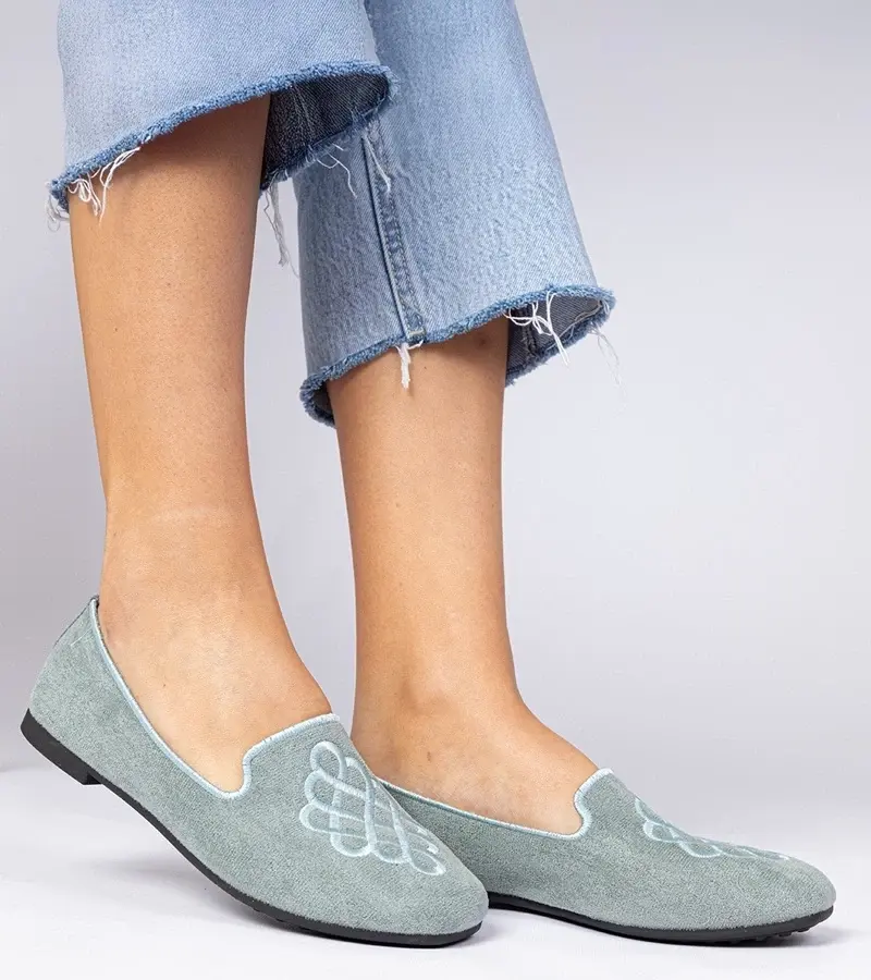 marka niezdefiniowana Green women's faux-suede ballet flats with embroidery Ronna