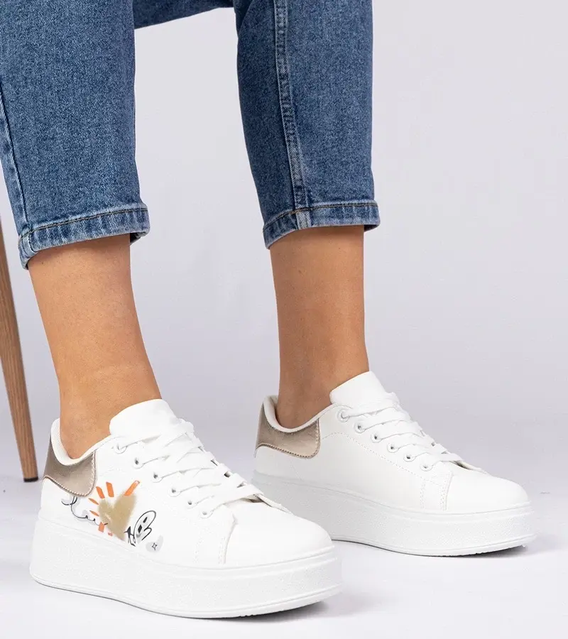 marka niezdefiniowana White-gold women's sporty sneakers with print Zelinda