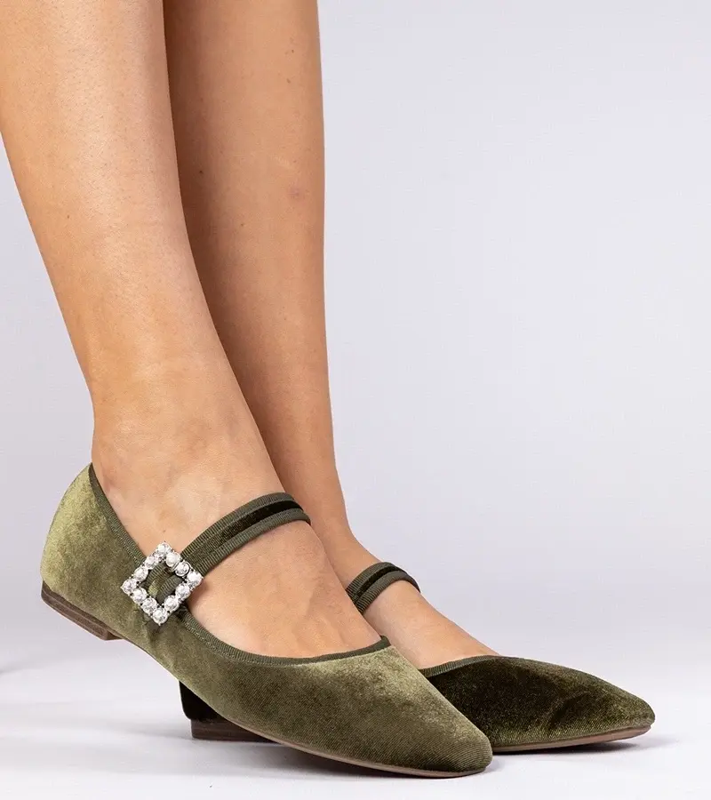 marka niezdefiniowana Green velvet women's ballet flats with buckle Kvitta