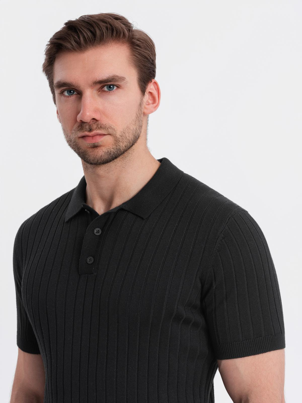 Ombre Men's SLIM FIT viscose vertical striped polo shirt - black