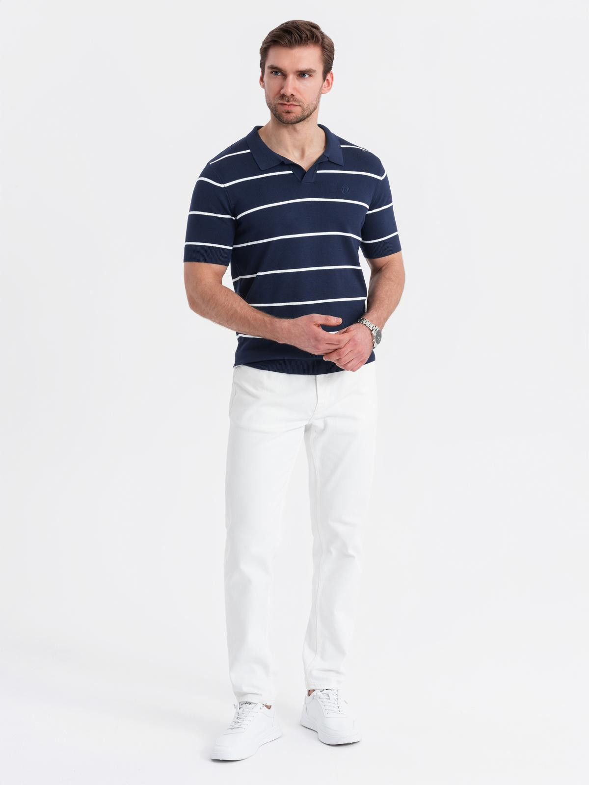Ombre Men's horizontal striped polo shirt with viscose - navy blue and white