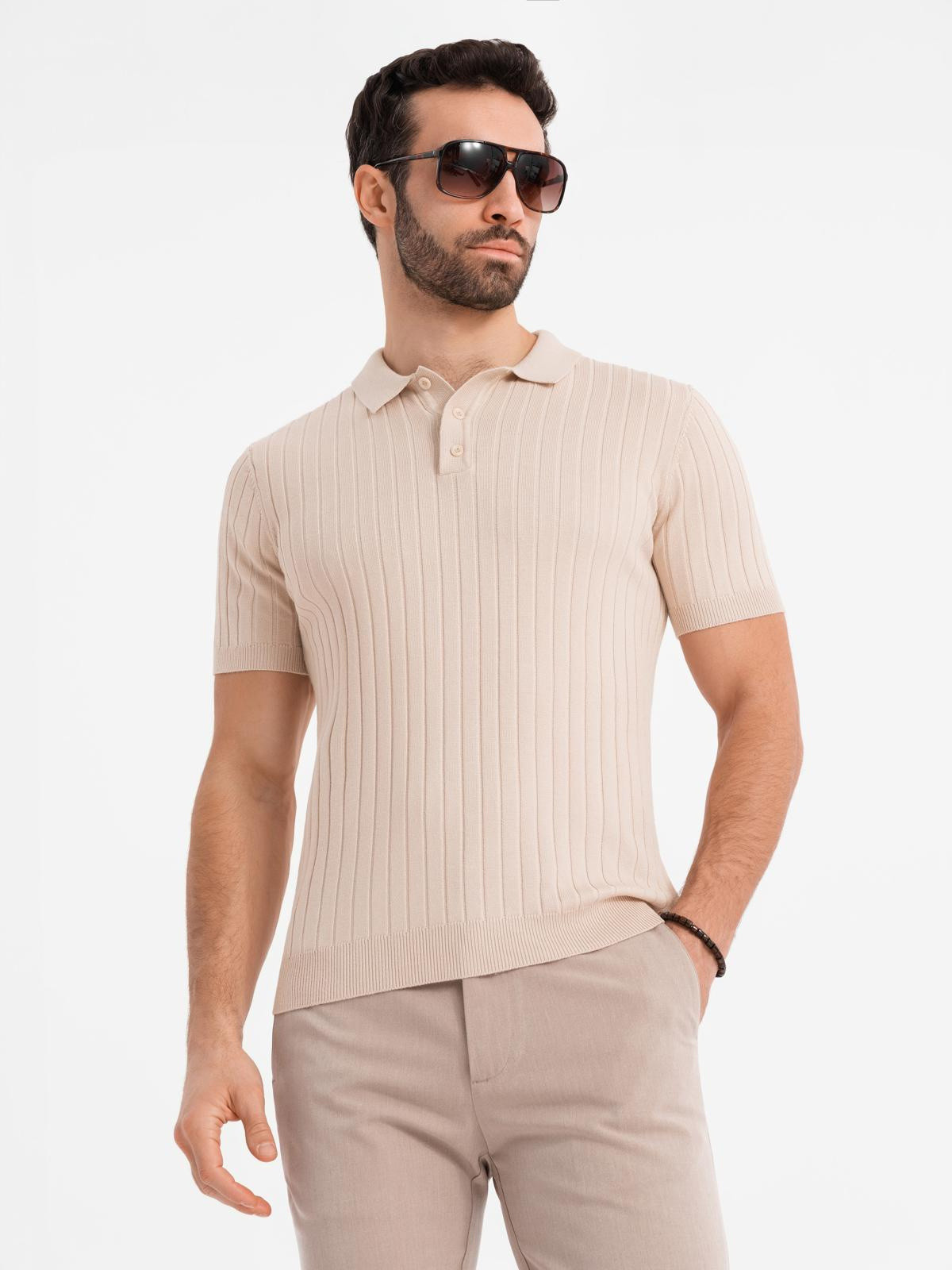 Ombre Men's SLIM FIT viscose vertical striped polo shirt - beige