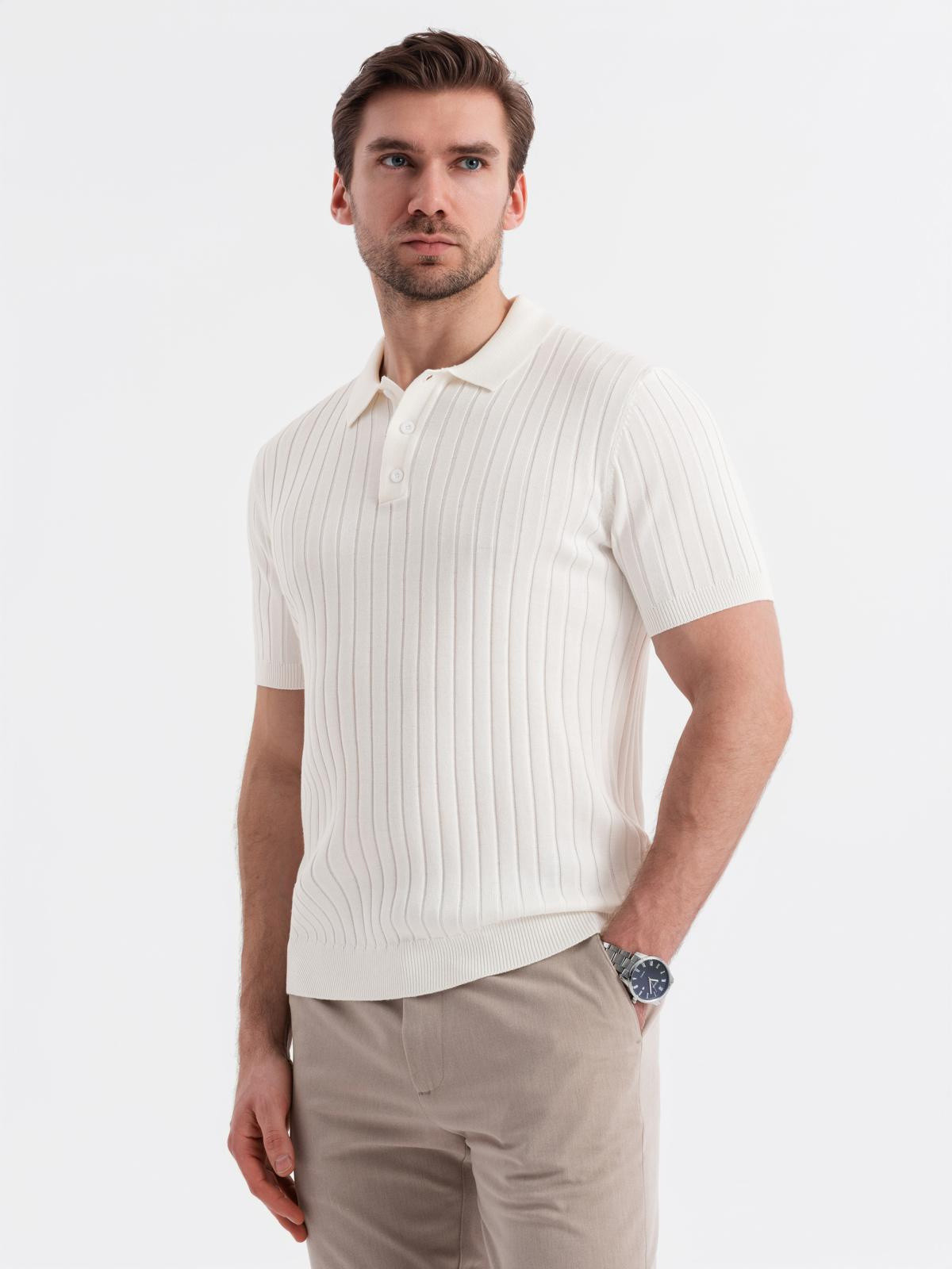 Ombre Men's SLIM FIT viscose vertical striped polo shirt - broken white
