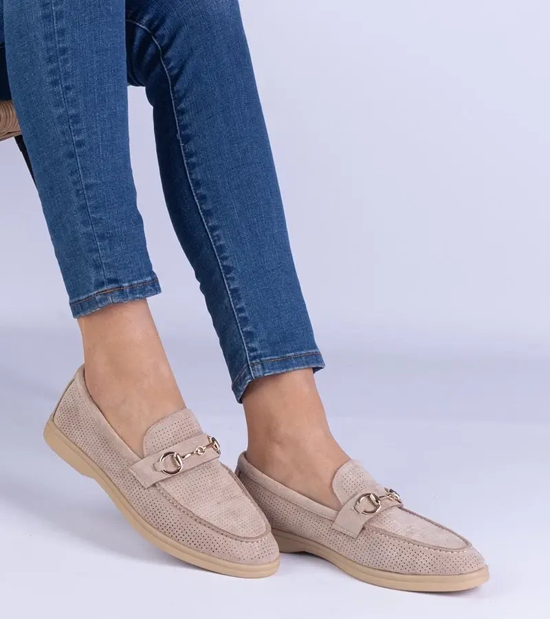 marka niezdefiniowana Brown eco-suede loafers with decorative perforation and gold embellishment Versatto