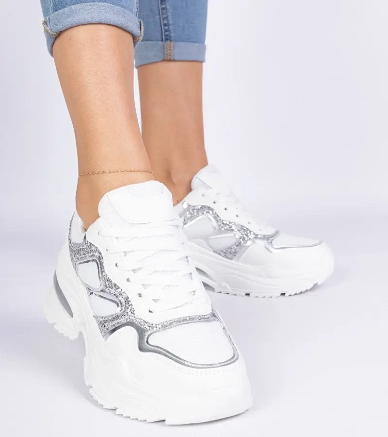 marka niezdefiniowana White women's sneakers decorated with glitter Sandoria