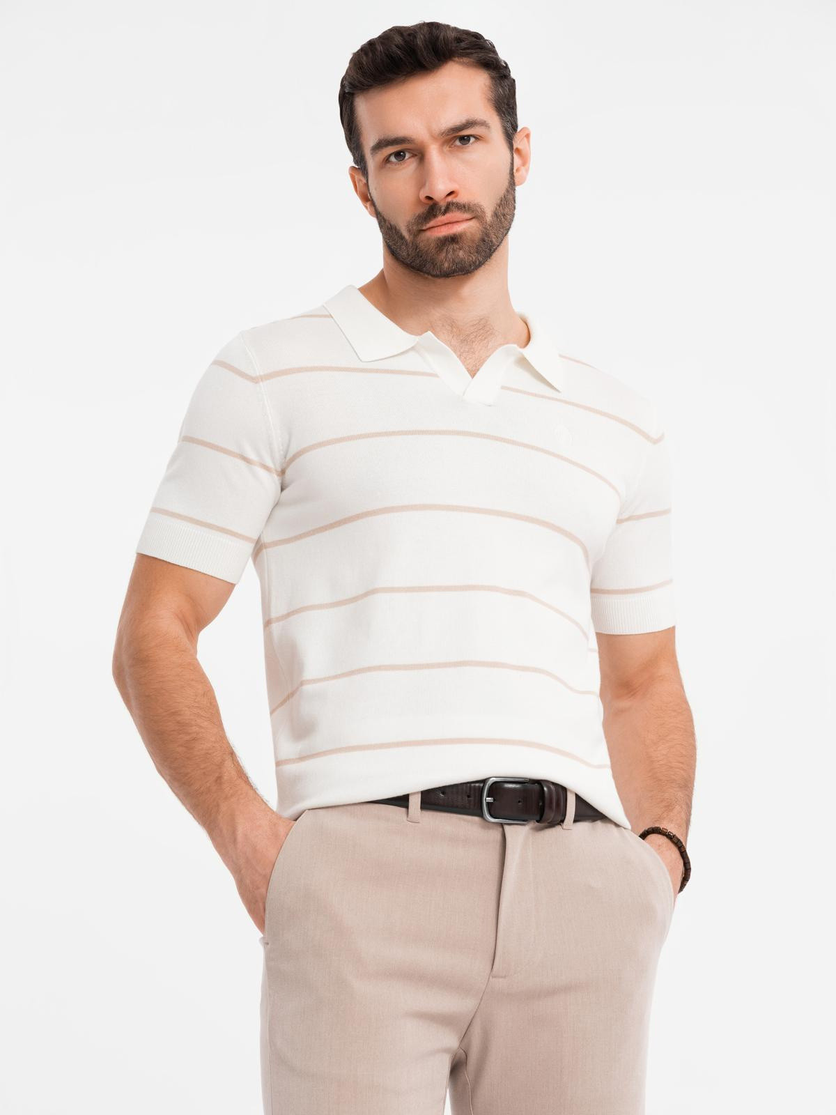 Ombre Men's horizontal striped viscose polo shirt - white and beige