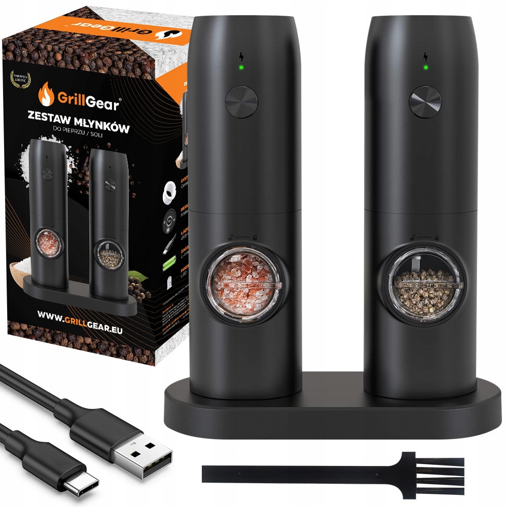Mlýnek, sada dvou akumulátorových mlýnků na pepř a sůl s podstavcem