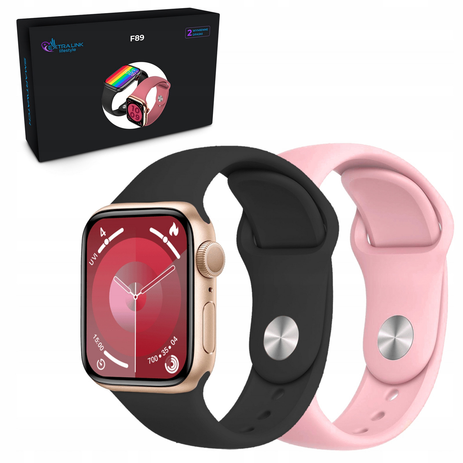 Extralink Lifestyle Chytré Hodinky F89 Smartband Zlatý růžový/černý náramek
