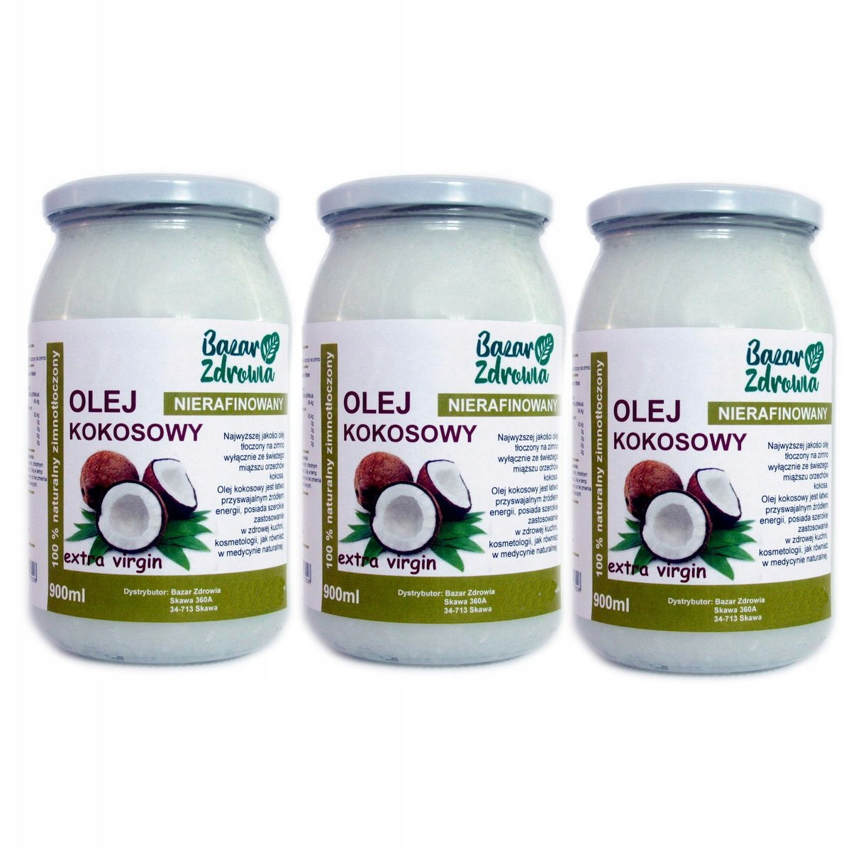 3x Kokosový Olej nerafinovaný Virgin 900ml