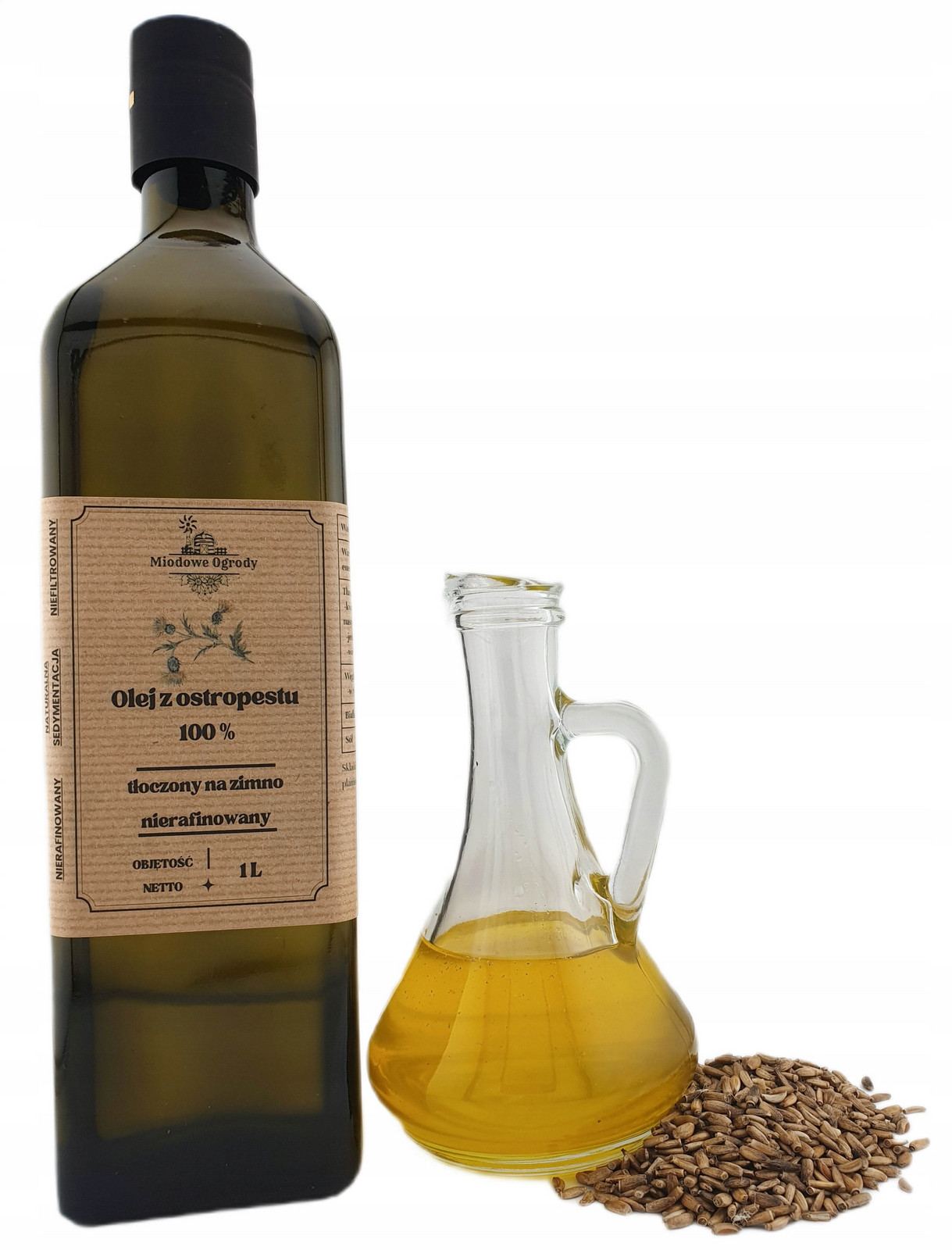 Ostropestřecový olej 1L Čerstvý lisovaný za studena Miodowe Ogrody Výrobce