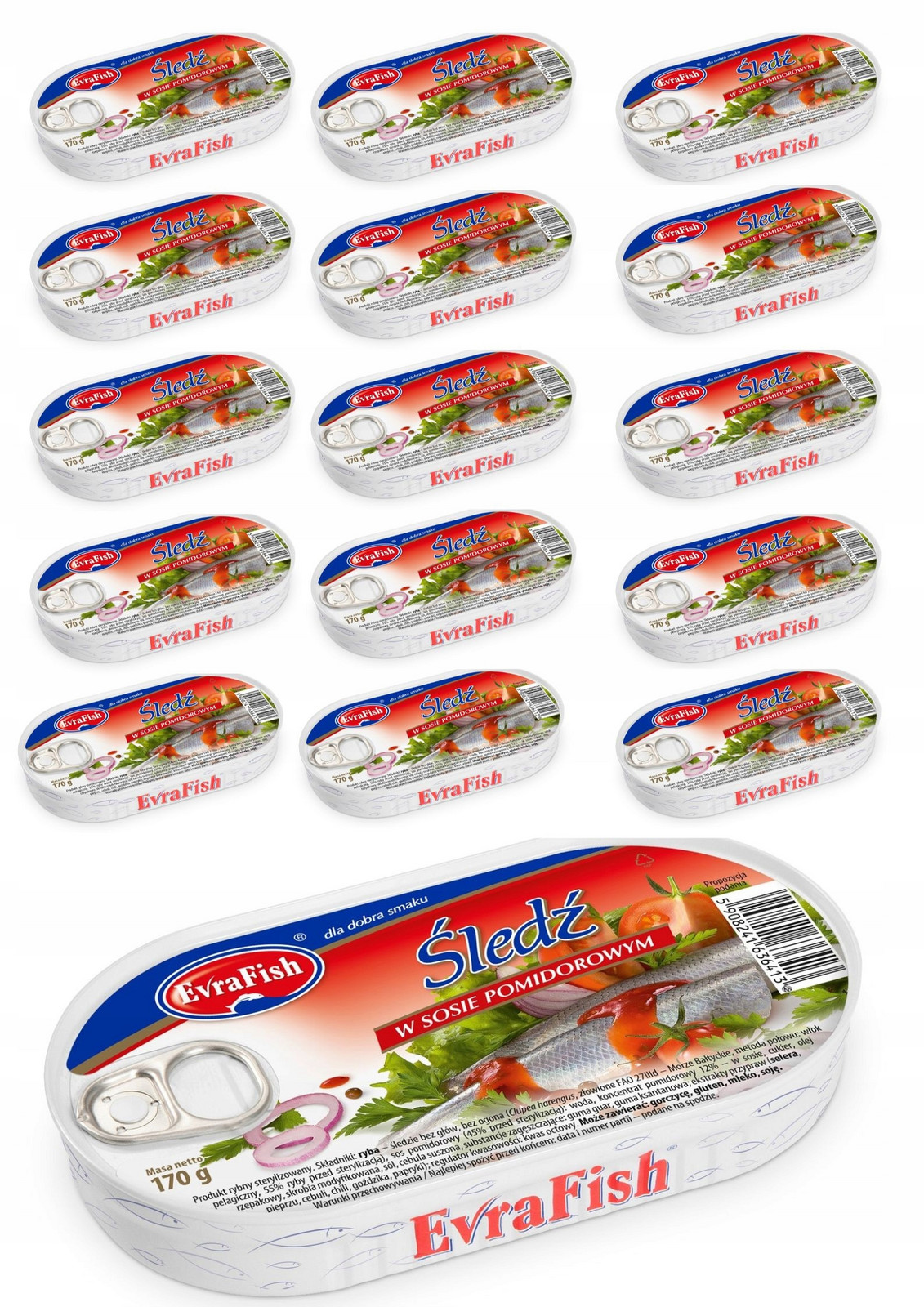 16x Sleď rybí filé v rajčatové omáčce v plechovce EvraFish 170g