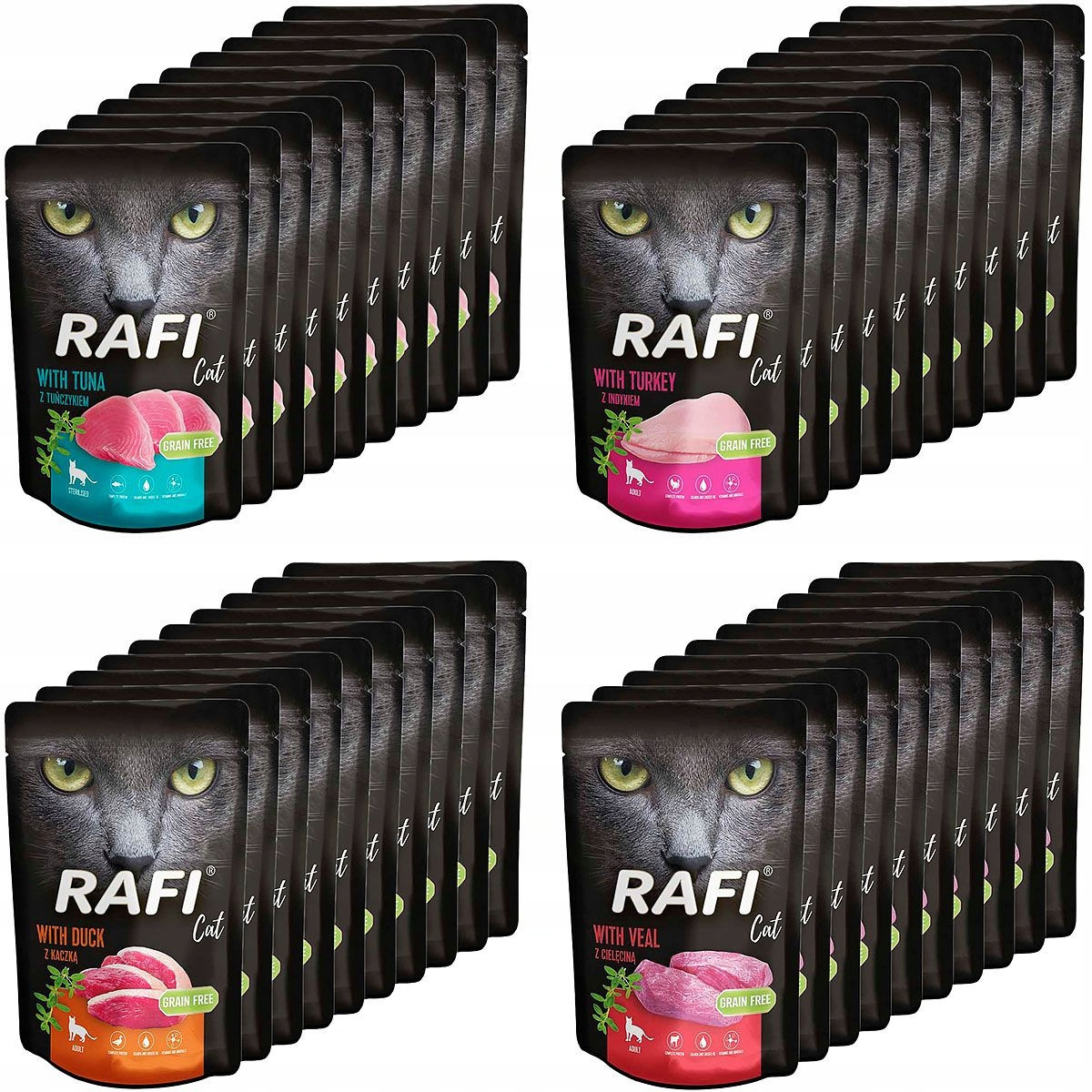 Rafi Cat mokré krmivo pro kočky kapsička 40 x 100 g MIX Chutí bez obilovin