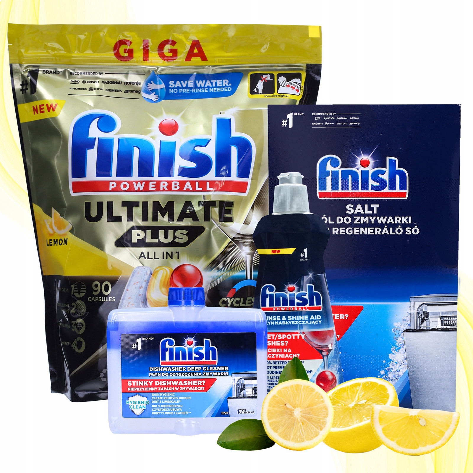 Sada Finish do myčky nádobí Kapsle Ultimate 90ks Sůl Čistič Leštidlo
