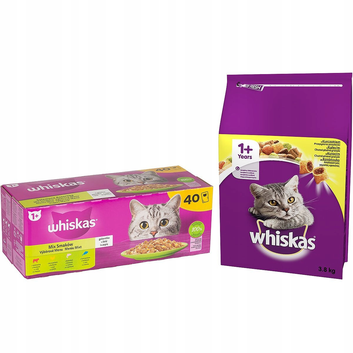 Whiskas sada suchých krmiv krmivo pro kočky 3,8 kg vlhké krmivo sáčky 40 x 85 g