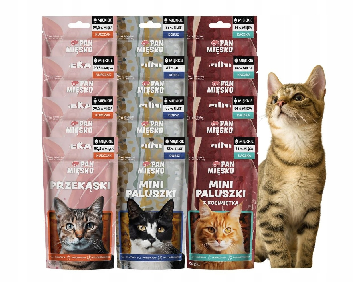 Pan Mięsko Přírodní měkké pamlsky pro kočky MIX 12x50g Monoproteinové