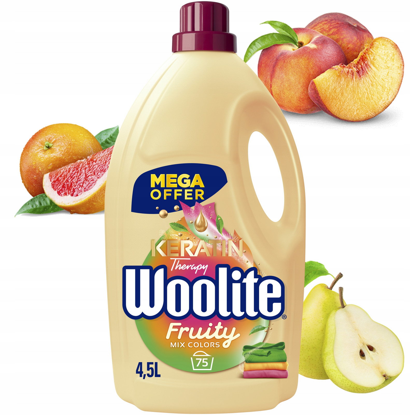 Tekutý prací prostředek Fruity Woolite Ovocný s keratinem pro barvu 4,5 l 75 praní